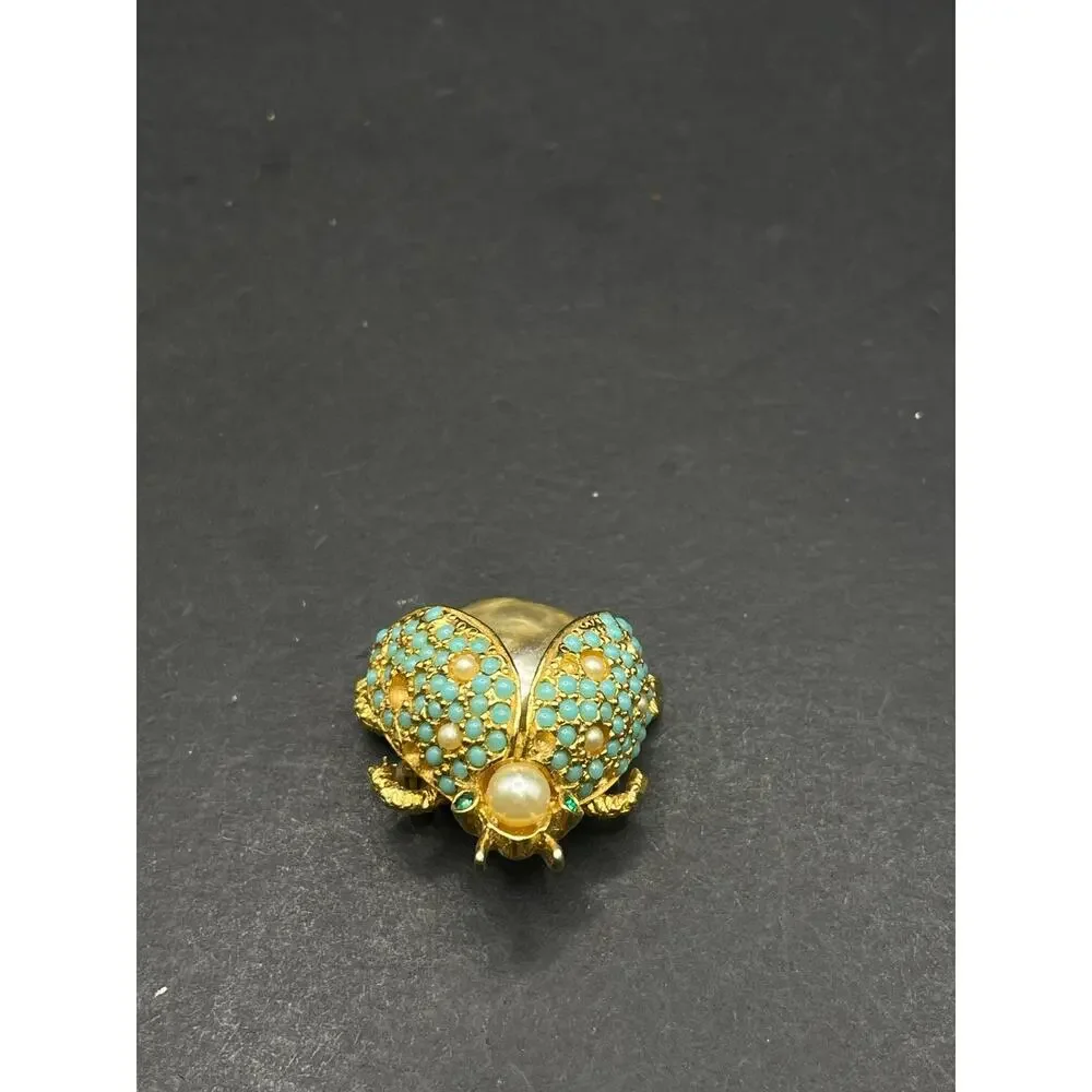 Vintage Gold Tone Ladybug Brooch Pin Turquoise Faux Pearl Beetle Insect Jewelry